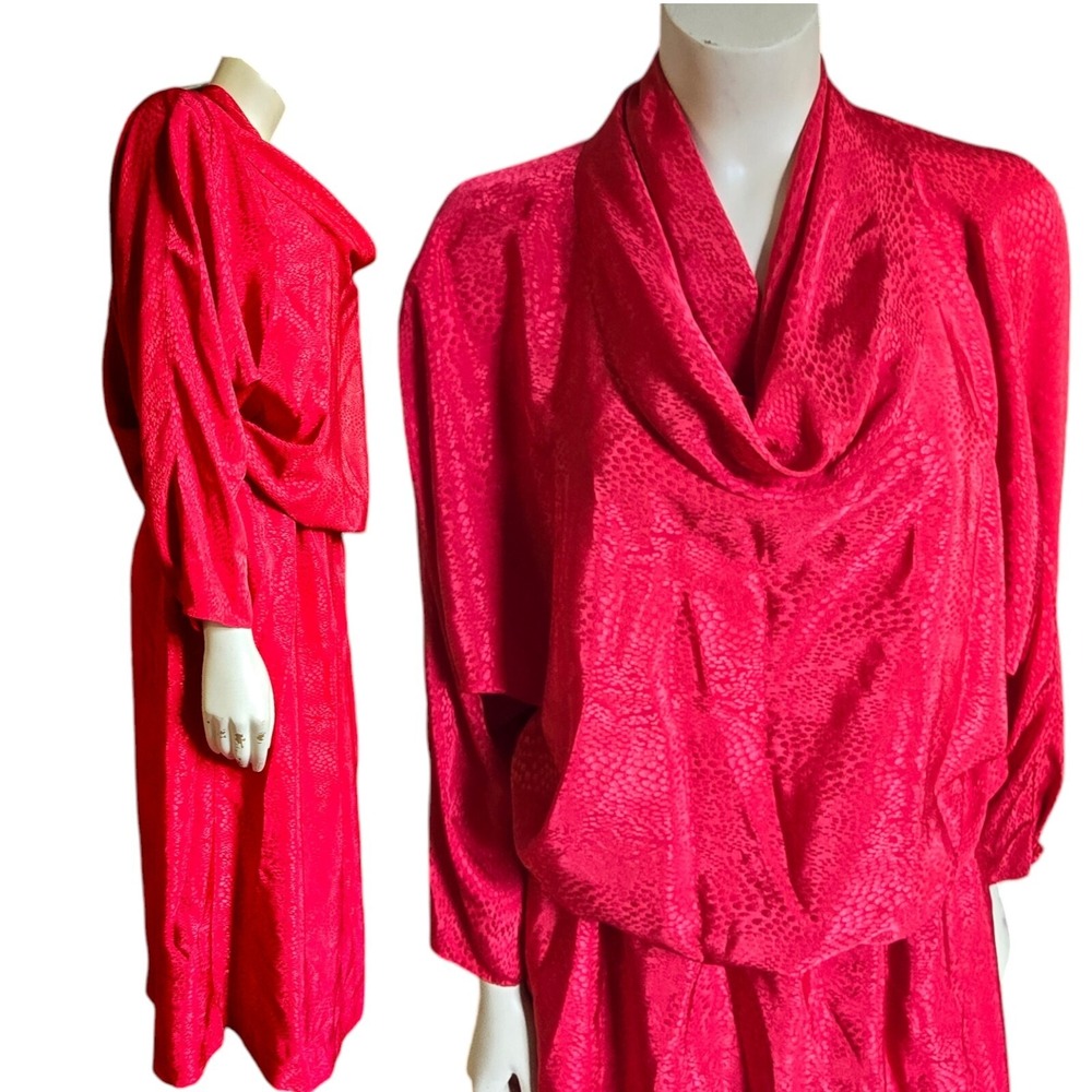 vtg d.Frank womens red silky dress with open blouson back secretary 80s‎ size 14